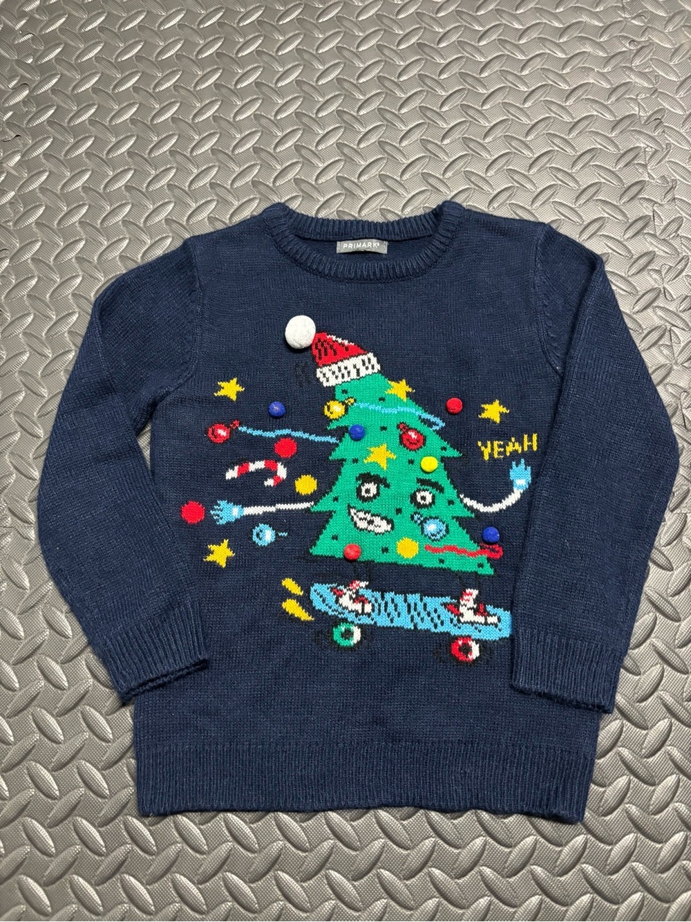 Primark Kids Christmas Sweater Navy Graphic Tree Skateboard Holiday - Picture 2 of 8